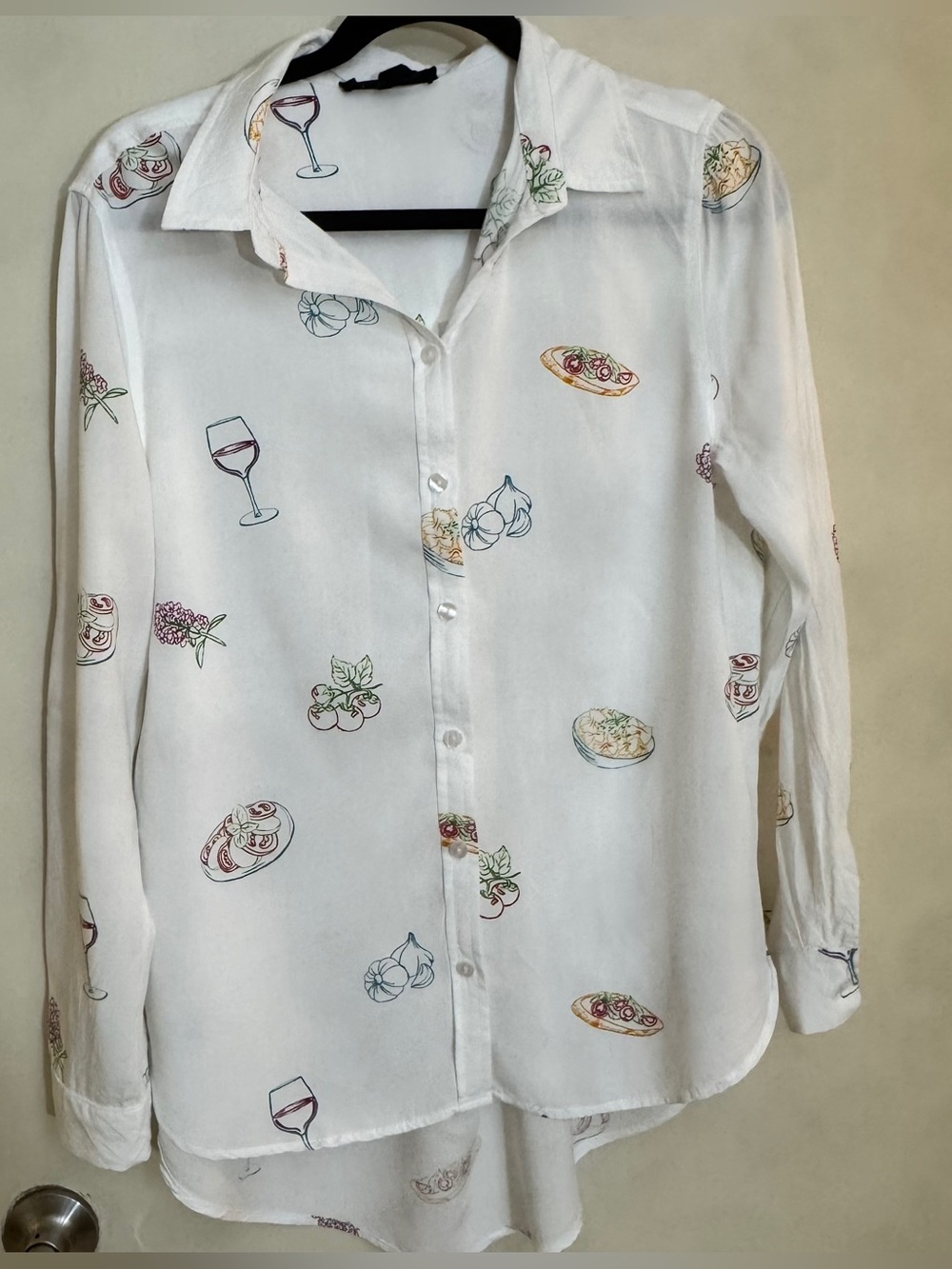 Vintage White Button-Up Blouse with Food & Wine Print
